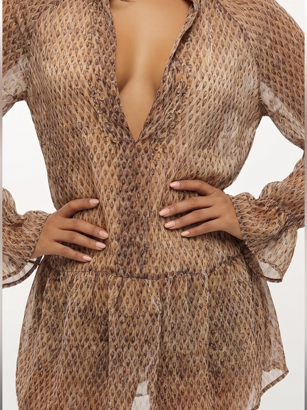 Antik Batik Tan/Brown Leaf Print Sheer Chiffon Tunic Top S